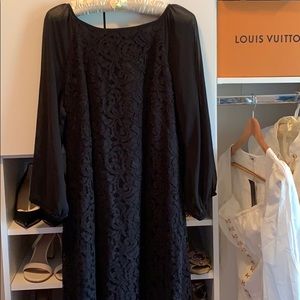 Adrianna Papell Black Lace Dress w/ Sheer Sleeves